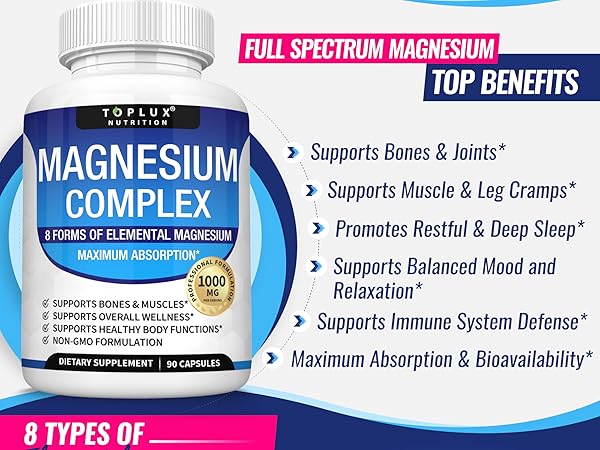 Complejo de Magnesio 1000mg, 8 Magnesio Elemental, Sin Gluten - Sin OGM